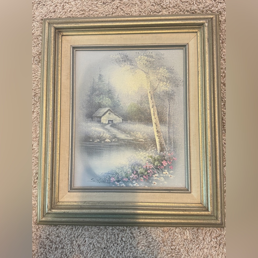 Vintage Oil on Canvas Painting Signed Sue Young Mystic Cabin By Lake